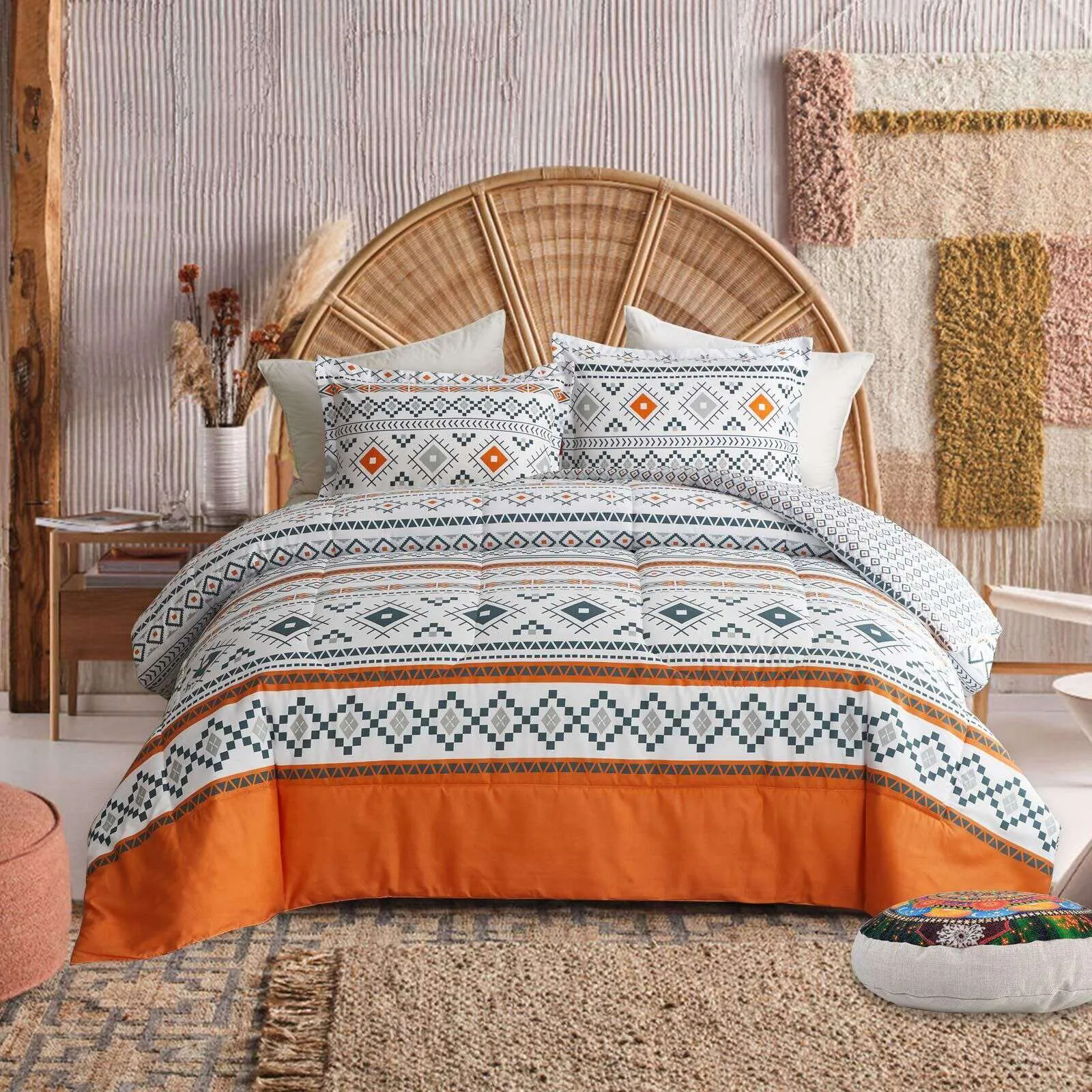 4bBoho-Comforter-Set-Queen-Size-Reversible-Orange-Geometric-3-Piece-Bedding-Collection