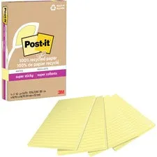 100% Recycled Paper Super Sticky Notes, Ruled, 4" X 6", Canary Yellow, 45 Sheets/pad, 4 Pads/pack