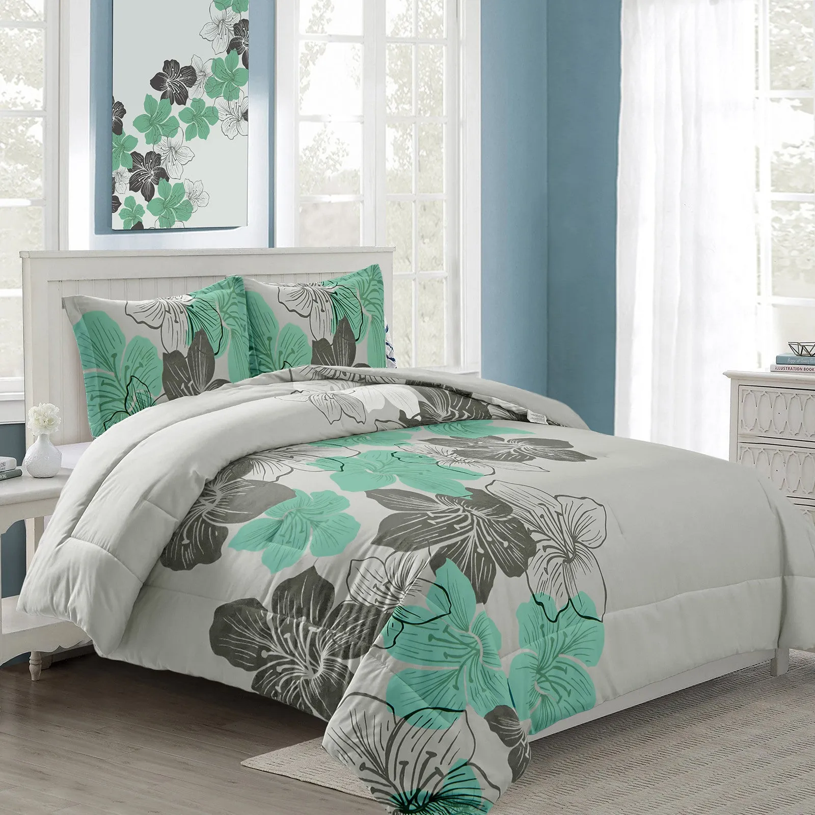 8eFloral-Comforter-Set-King-Size-Green-Floral-3-Piece-Bedding-Lightweight-Microfiber_1