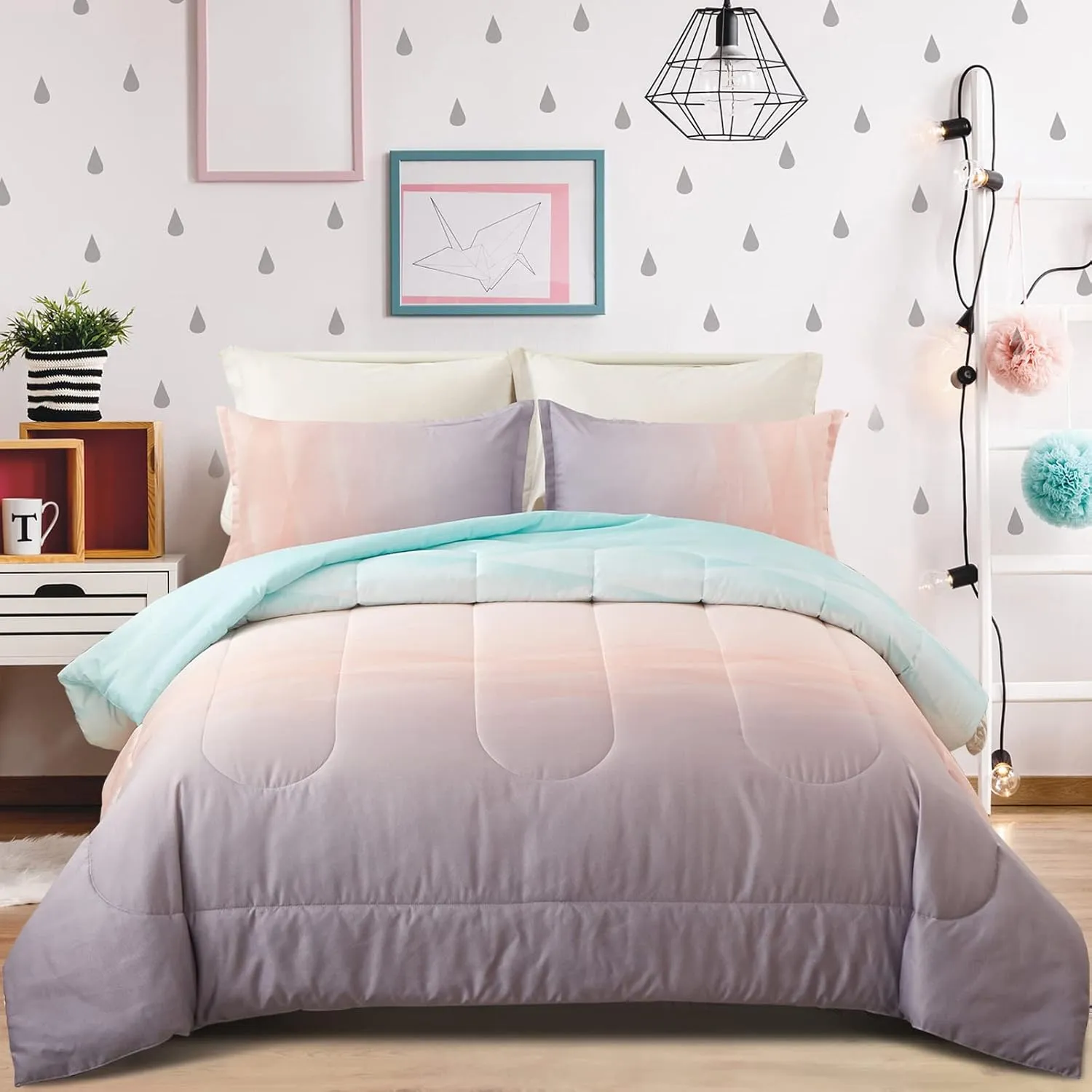 8jGirls-Comforter-Set-Queen-Size-Ombre-Blue-Pink-Rainbow-3-Piece-Bedding-Collection