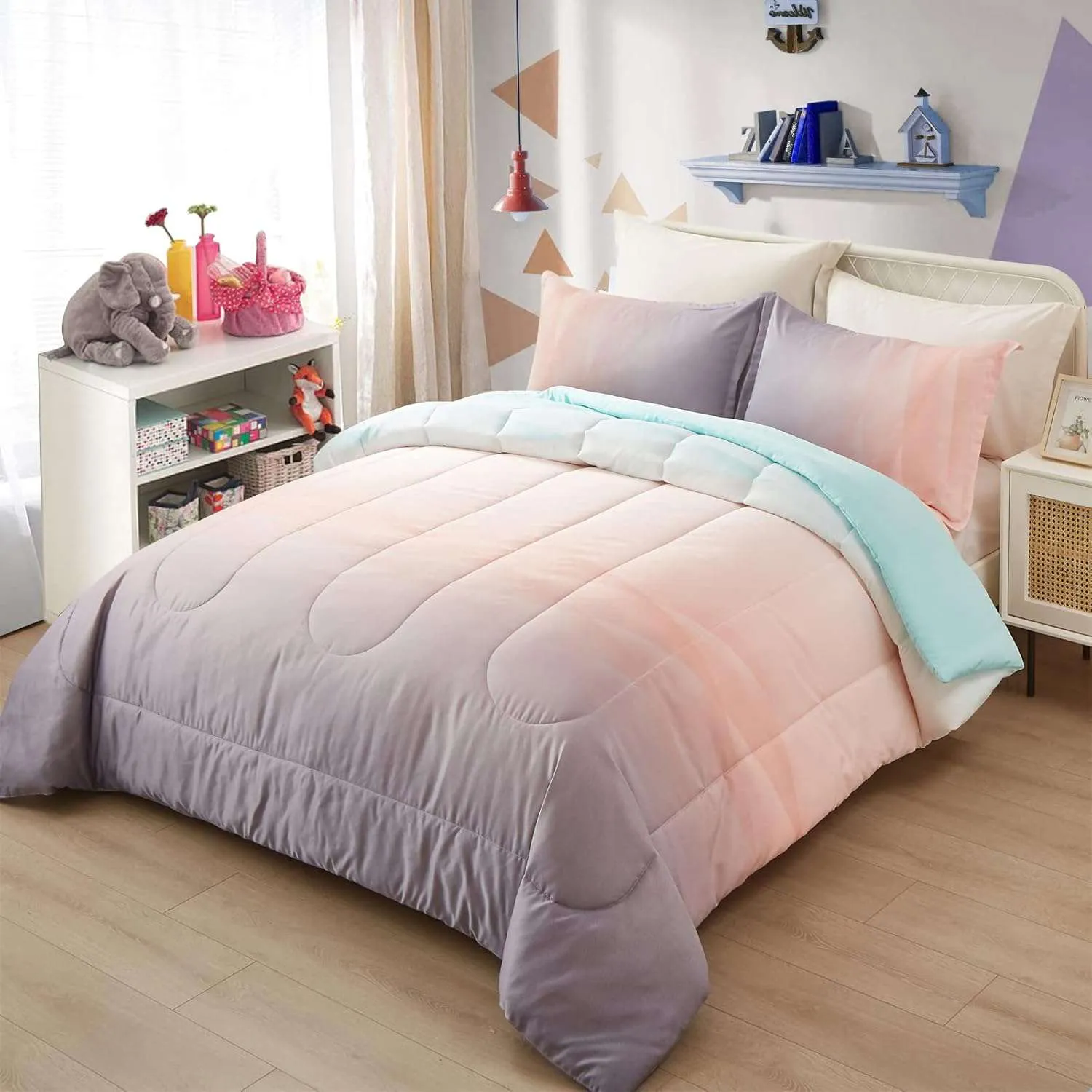 8jGirls-Comforter-Set-Queen-Size-Ombre-Blue-Pink-Rainbow-3-Piece-Bedding-Collection_1