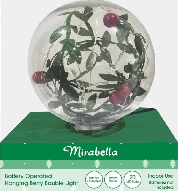 Mirabella Christmas Battery Operated Hanging Berry 100mm Bauble Light - Warm White