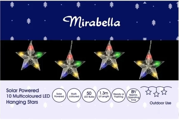 Mirabella Christmas Solar Powered 10 LED Hanging Star Lights - Multi-Colour